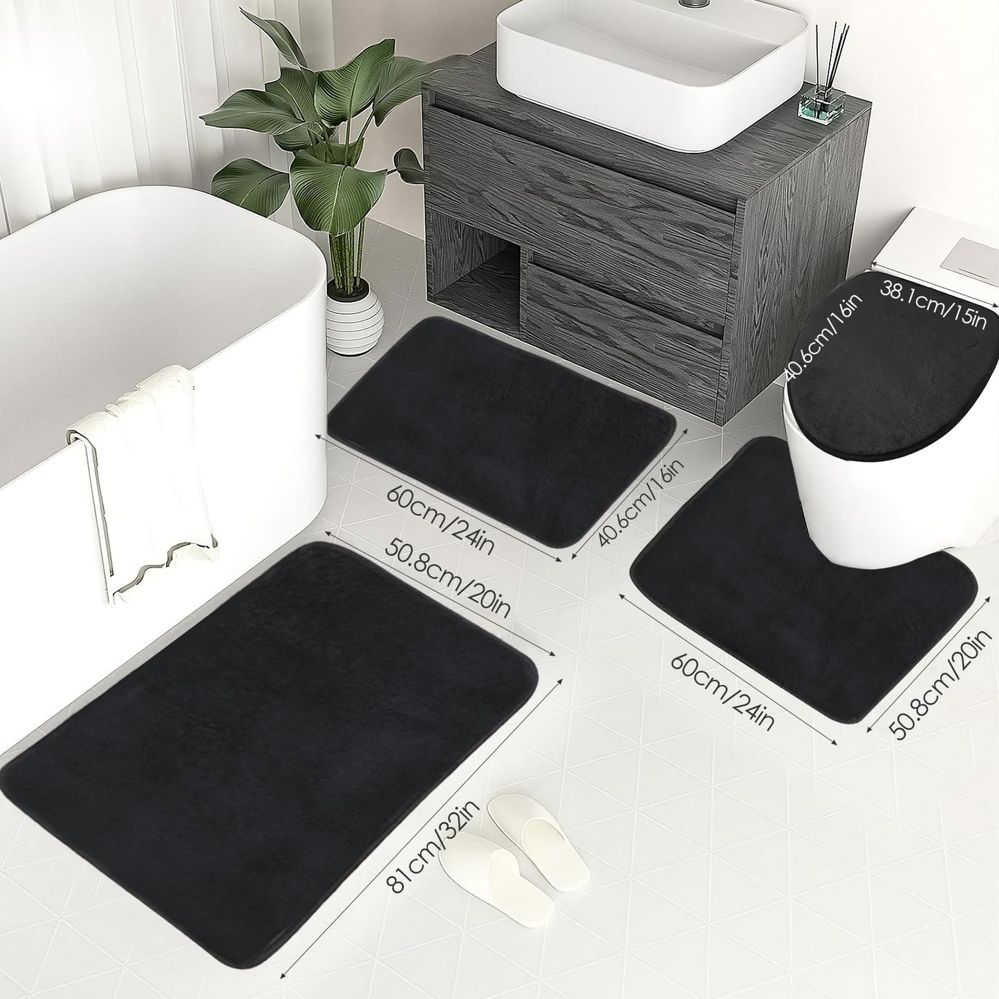 Uowuoiw Memory Foam Black Bathroom Rug Set 4-Piece, Soft & Supportive Bath Mat Set, Super Absorbent & Quick Dry, Non-Slip Backing, Machine Washable Rugs for Bathroom, Tub & Shower (Black)