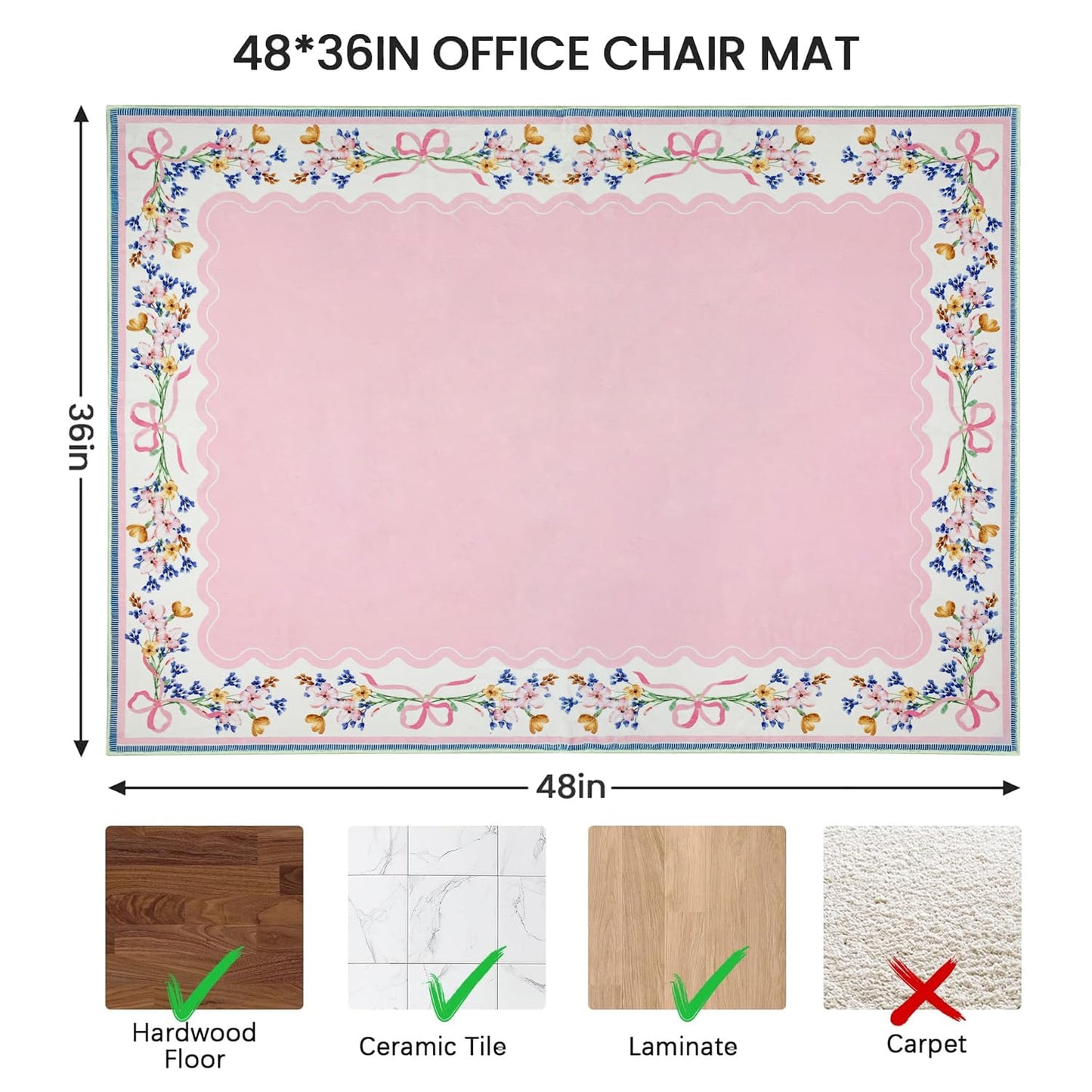 yueyaer Office Chair Mat for Hardwood/Tile Floor, 36"x48"Desk Chair Mat for Rolling, Non Slip Under TPR Backing Low-Pile Rug(Pink Bow Flower EA)
