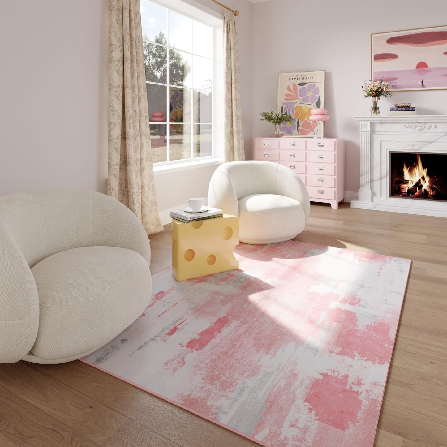 Kelarea Pink Nursery Rug for Baby Girl, 5x7 Modern Abstract Washable Rugs for Kid's Bedroom, Low Pile Non Slip Large Carpet for Dorm, Living Room, Kids Playroom