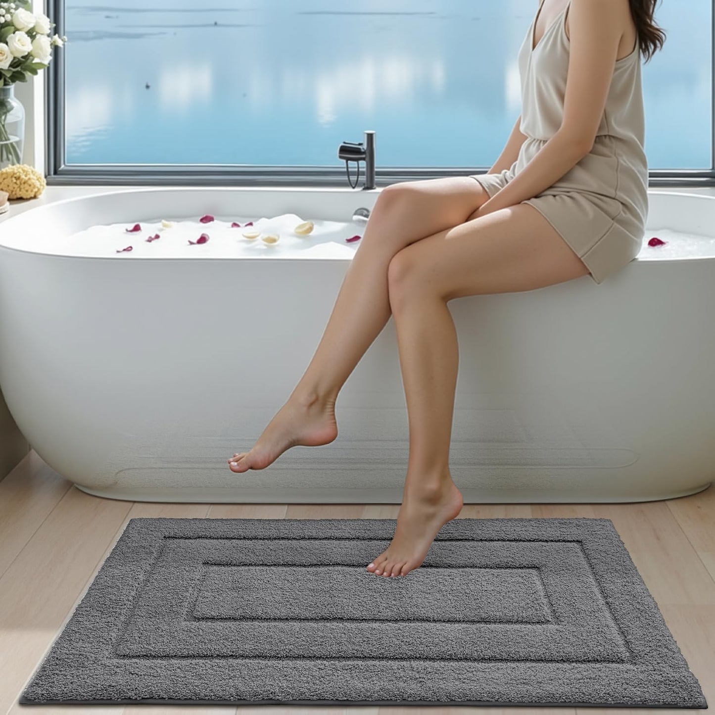 DEXI Bathroom Rug 43x24, Non Slip Washable Bath Mat for Shower Floor, Extra Large Absorbent Soft Bathmat with Rubber Backing, Quick Dry Microfiber Carpet, Grey