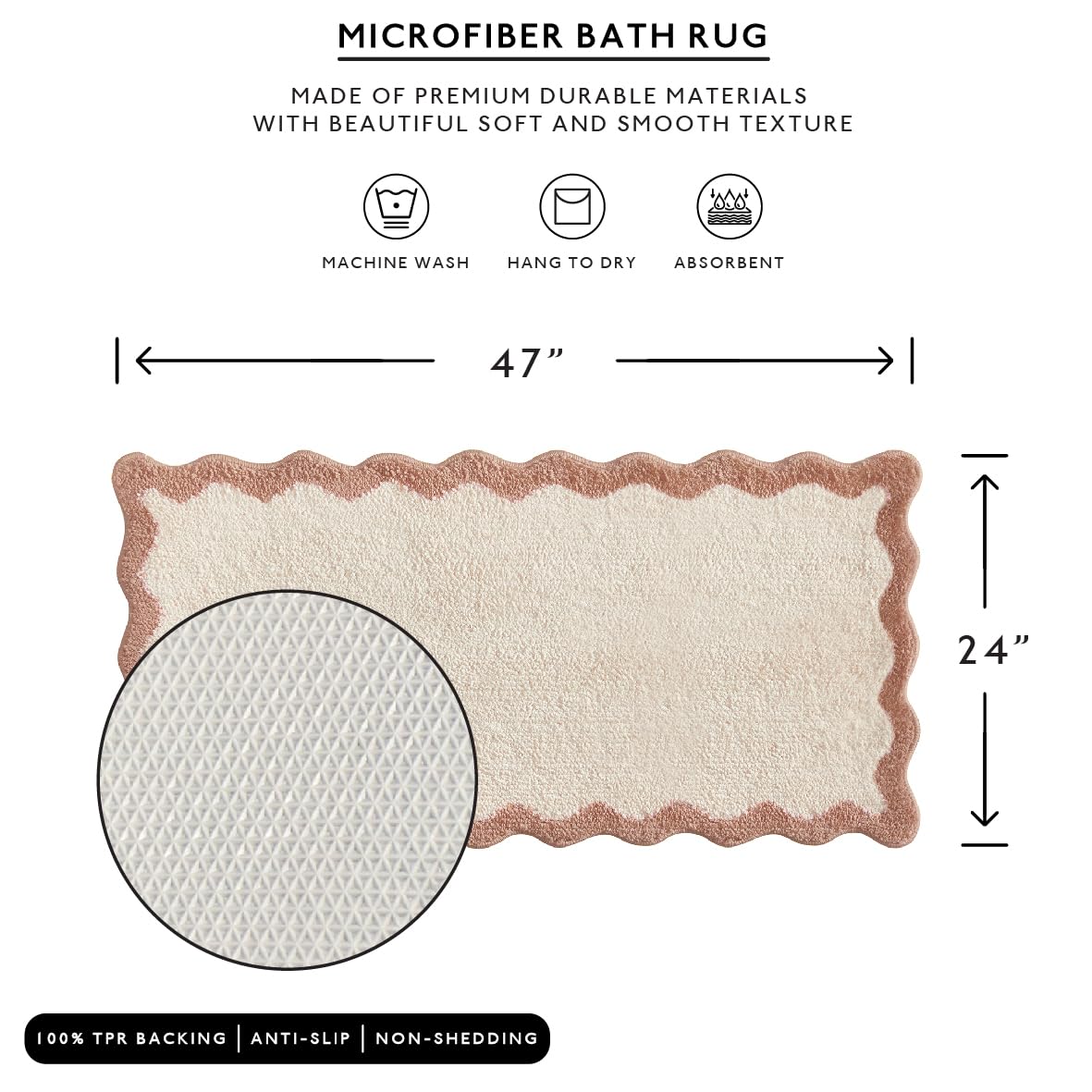 MONDAY MOOSE Bath Mat with Scalloped Wavy Ripple Design, Microfiber Absorbent Non Slip Tufted Rug for Floor, Shower or Kitchen (24x47 inch, Beige)