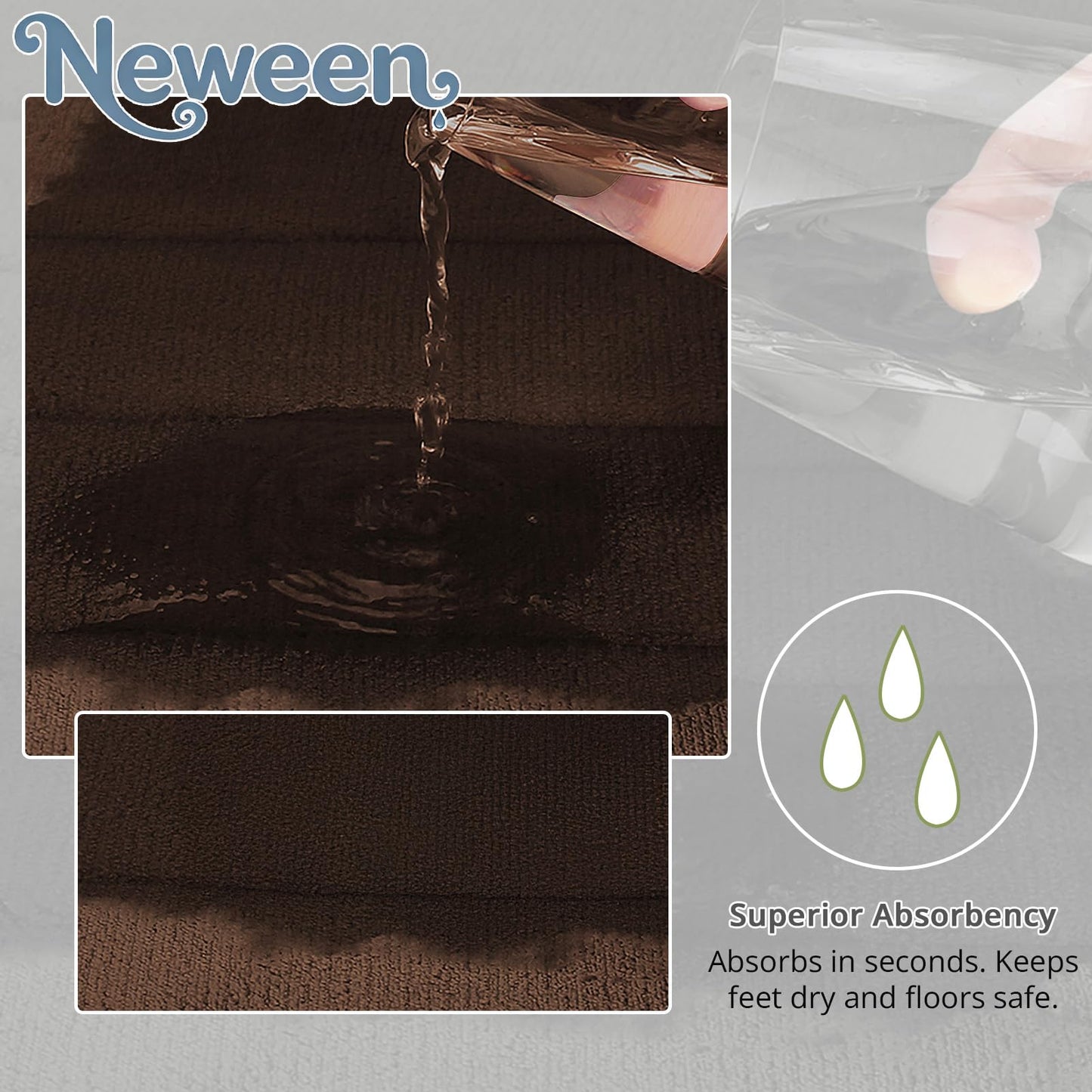 Neween Bathroom Rugs Set 3 Piece, Extra Soft Absorbent Non Slip Memory Foam Bath Mat Set, Thick & Quick Dry Washable Bath Rugs Bathroom Carpet Contour Toliet Mats for Floor, Tub, Shower (Brown)