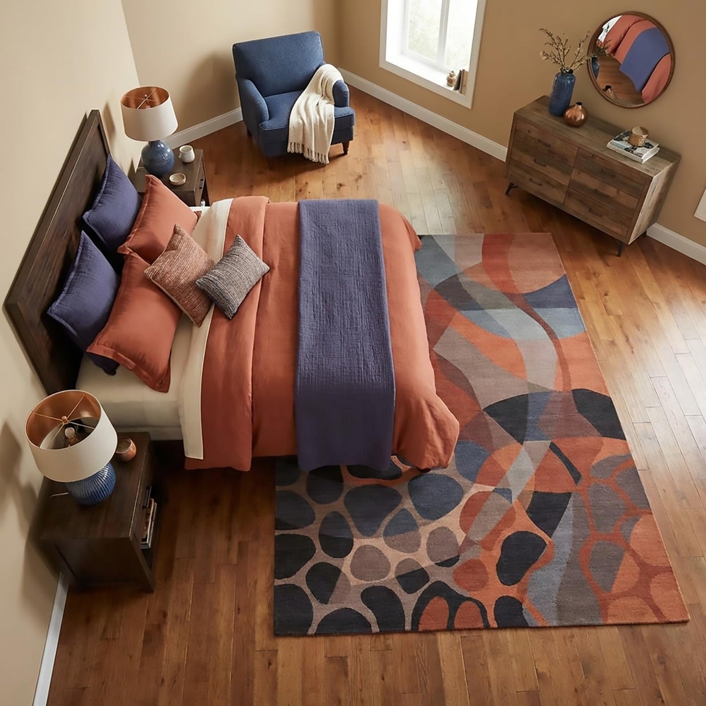 GraceSway 5x7 Area Rug, Modern Abstract Rock Pebble Patterns, Rust Orange Grey and Charcoal Rug, Machine Washable, Non-Slip, Foldable Carpet for Living Room Bedroom