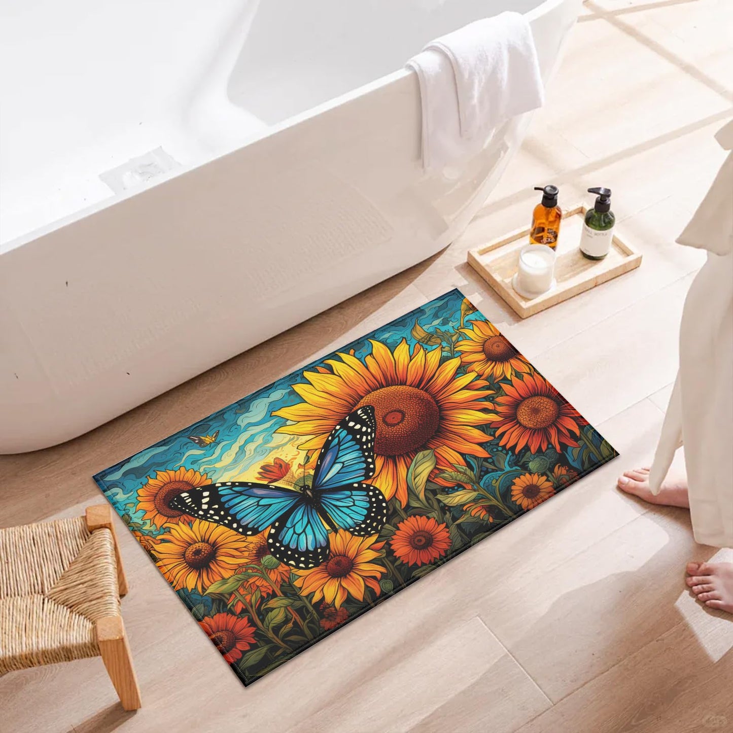 Summer Sunflower Indoor Door Mat, Butterfly Outdoor Entrance Doormat for Entryway Kitchen Bathroom 17 X 29 Inch