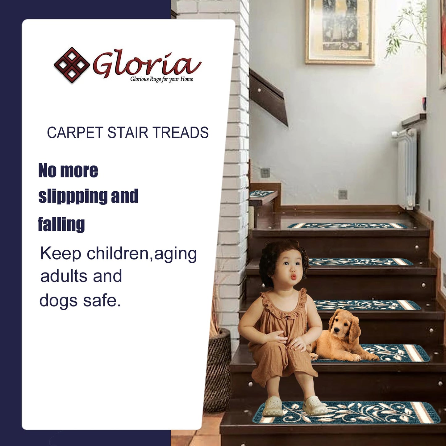 Gloria Non Slip Rubber Back Pet Friendly Floral Design Carpet Stair Treads Stairway mats (13, Greenish Teal)