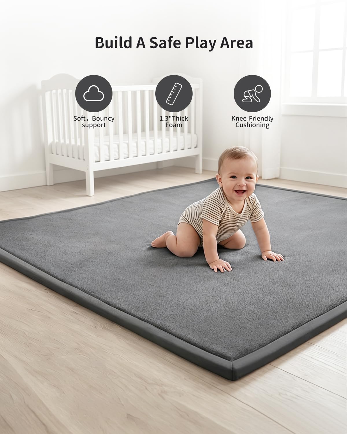 Goyuu Soft Baby Play Mat for Floor, 50x50 Playpen Mat Elasti-Foam Padded 1.3" Thick Crawling Nursery Mat, Non-Slip Backing for Toddlers Infant, Water-Repellent Coral Velvet Tummy Time Mat