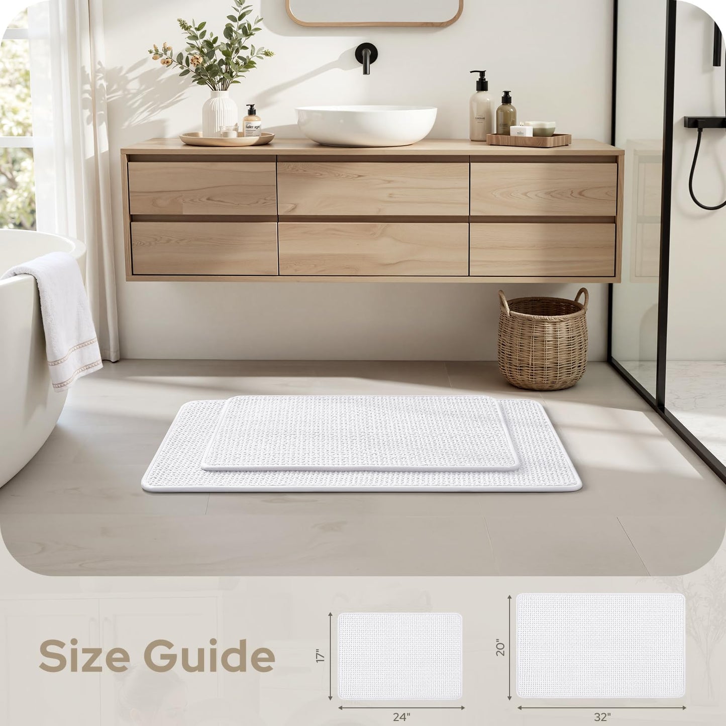 HOMEIDEAS Bathroom Rugs Set 2 Piece, Ultra Thin Non-Slip Bath Mats Rubber Backed, Chenille Absorbent Quick Dry Mats for Shower & Vanity, Low Profile Fits Under Door (White, 32"x20"+24"x17")