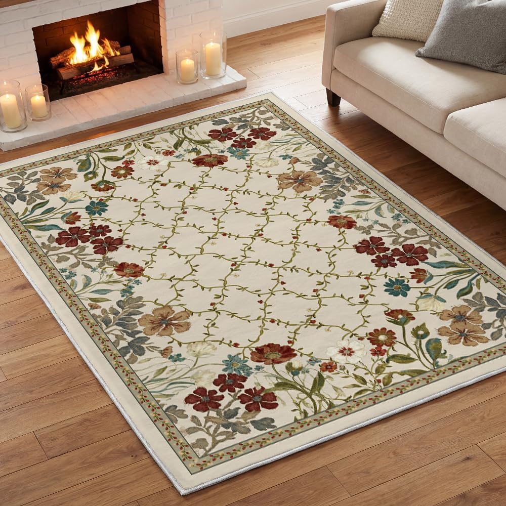 Artoid Mode Rustic Check Flower Spring Area Rug, Summer Home Decor Low-Profile Non-Slip Washable Large Rug for Living Room Bedroom Farmhouse Dining Room Kids Playroom 5x7 Feet
