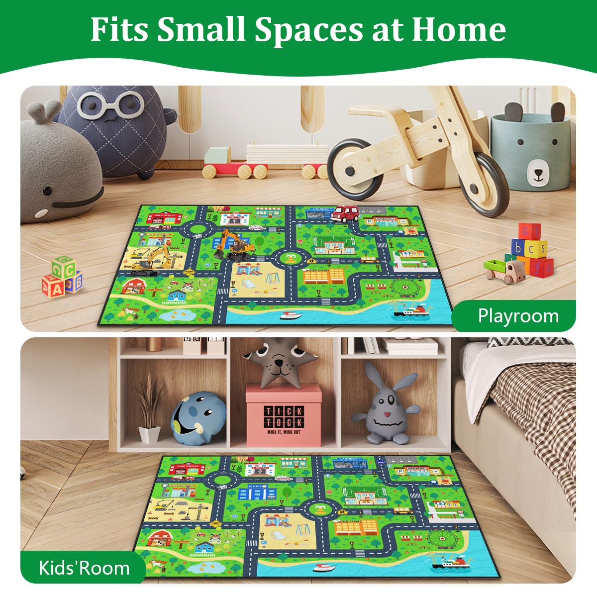 Road Rug for Kids 2×3 Ft - Car Track Road Map Play Mat, City Traffic Learning Carpet, Smooth Low-Pile with TPR Non-Slip Backing for Playroom