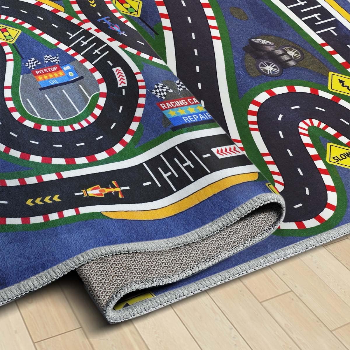 JUFORHQC Kids Rug,Children's Room Rug,Road Race Play Rugs, Rail City Living Rugs, Washable Non-Slip Play Mats. (Dark Blue, 47x71in)