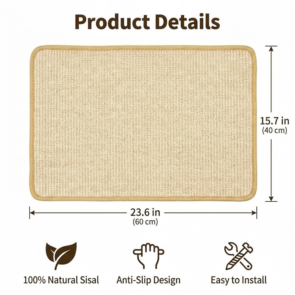 Cat Scratcher Mat, Sisal, Jute Border, Sofa & Floor Protector, 23.6x15.7in