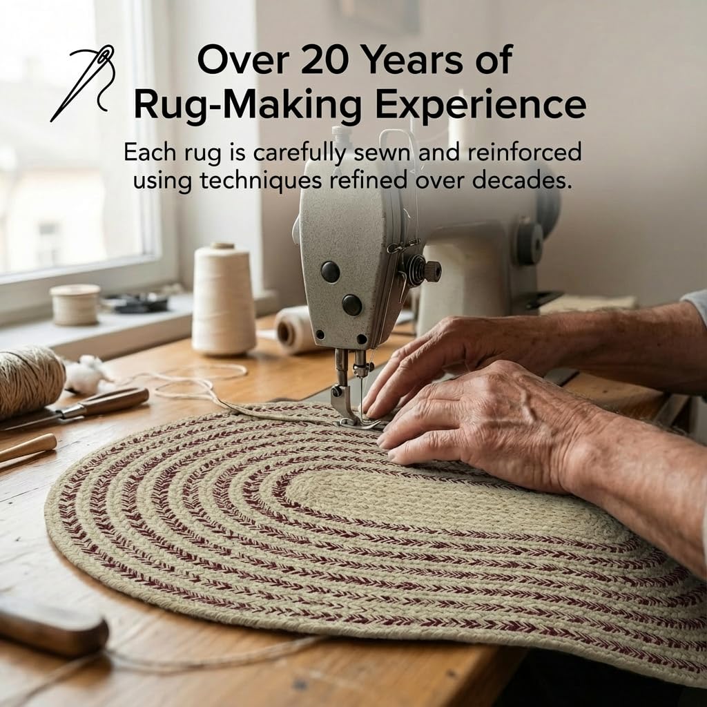 Cotton Braided Rug - 5' x 7' Beige and Burgundy Oval Woven Farmhouse Rug for Living Room - Braided Minimalist Rugs for Bedroom - Rustic Primitive Rugs for Dining Room