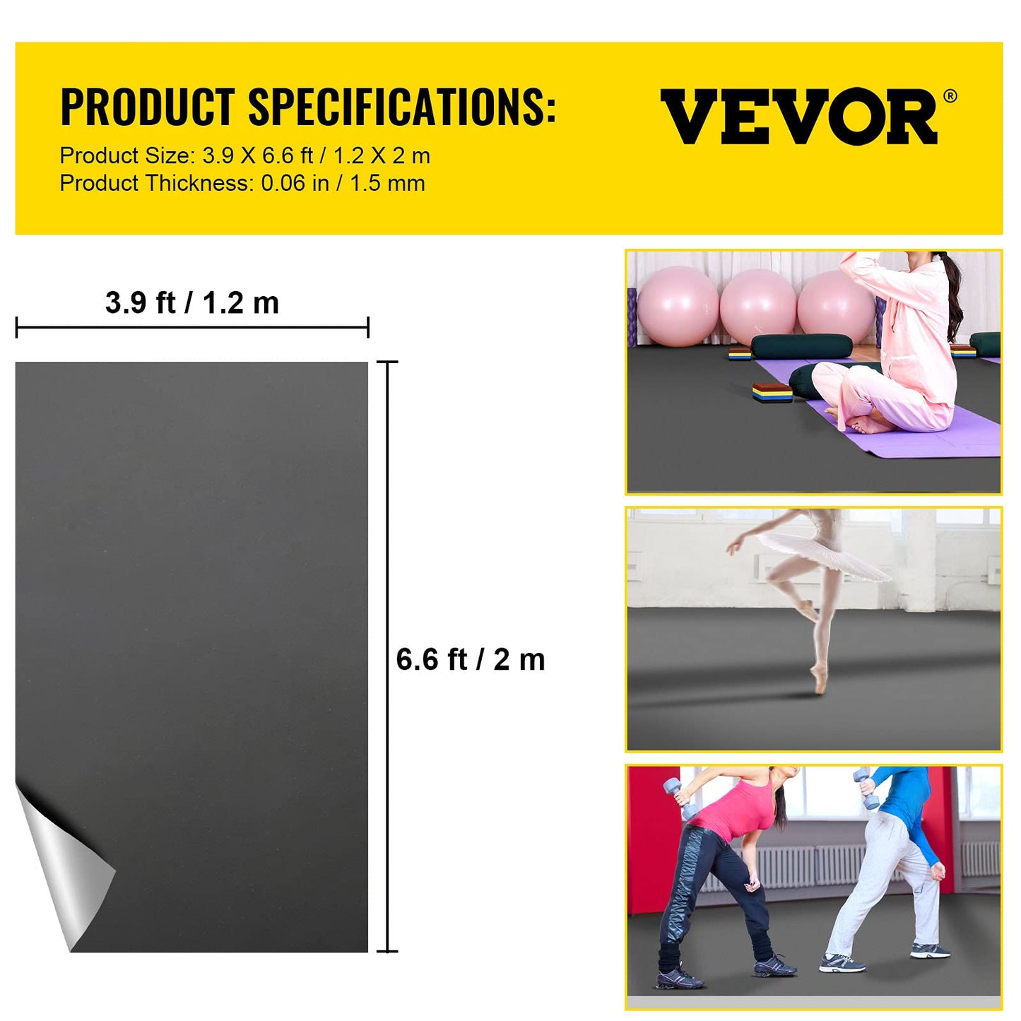 VEVOR Dance Floor 6.6x3.9ft, Portable Dance Mat 0.06in Thick PVC Vinyl Dance Floor Roll Black/Grey Reversible Marley Dance Practice Floor, Non-Slip Dance Flooring for Ballet Jazz Pop Lyrical Style