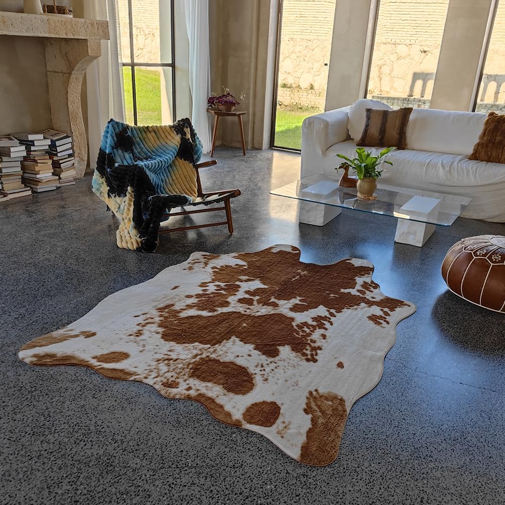 rugoo Premium Brown Cowhide Rug 4.6 ft x 6.6 ft Faux Cowhide Rug Cow Print Rug Faux Animal Skin Rug for Living Room Bedroom Nursery Western Decor