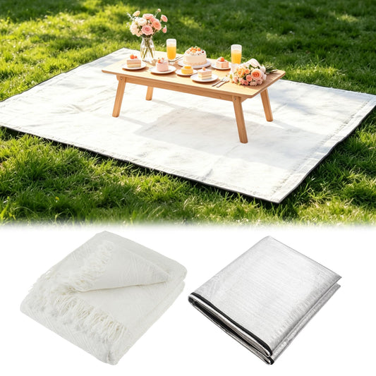 91x71 In Extra Large Outdoor Picnic Blanket with 94x79 In Waterproof Mat, Oversize Woven Cotton Yarn Beach Blanket with Fringe, Machine Washable Portable for Spring Summer Camping Beach Park (White)