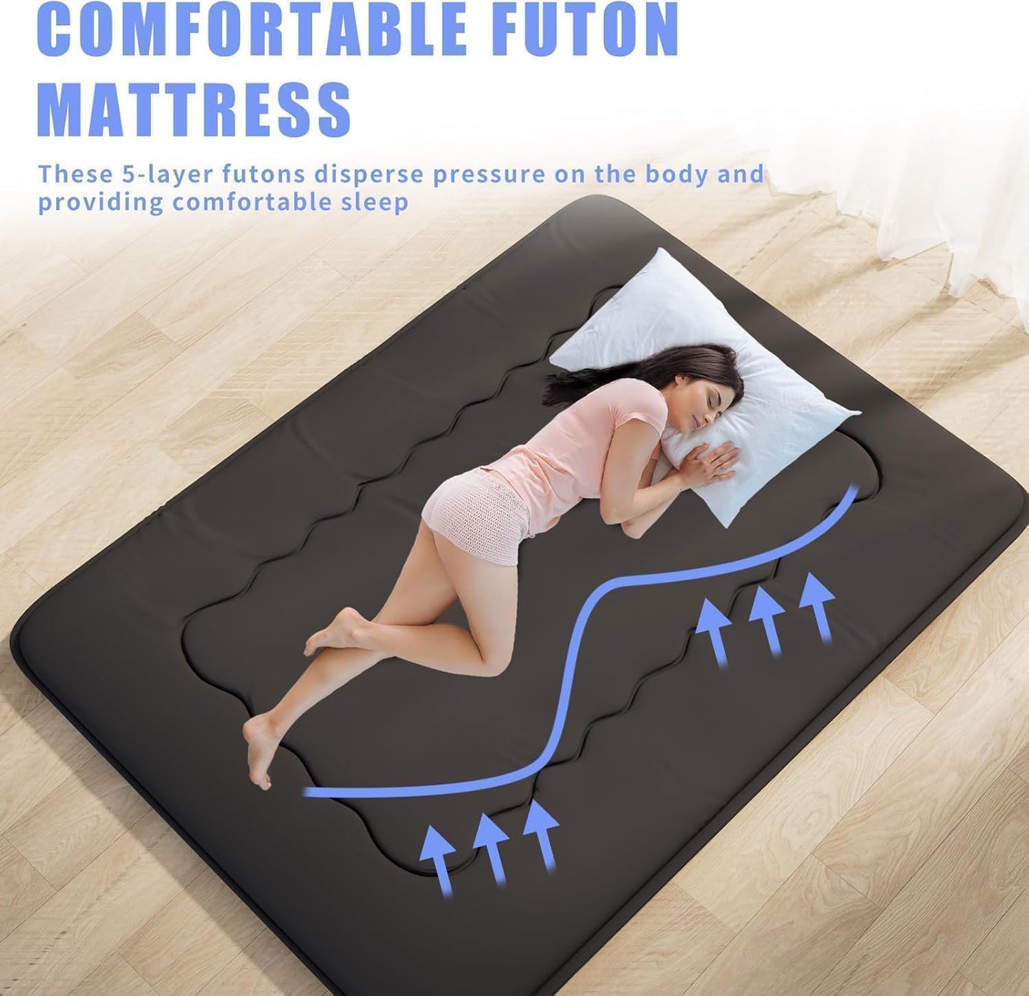 Kiseely Japanese Futon Mattress, Foldable Tatami Mat Portable Dormitory Sleeping Pad with Bag & Strap, Floor Thicken Sleeping Roll up Camping Mattress (Black WS1, 39"X80")