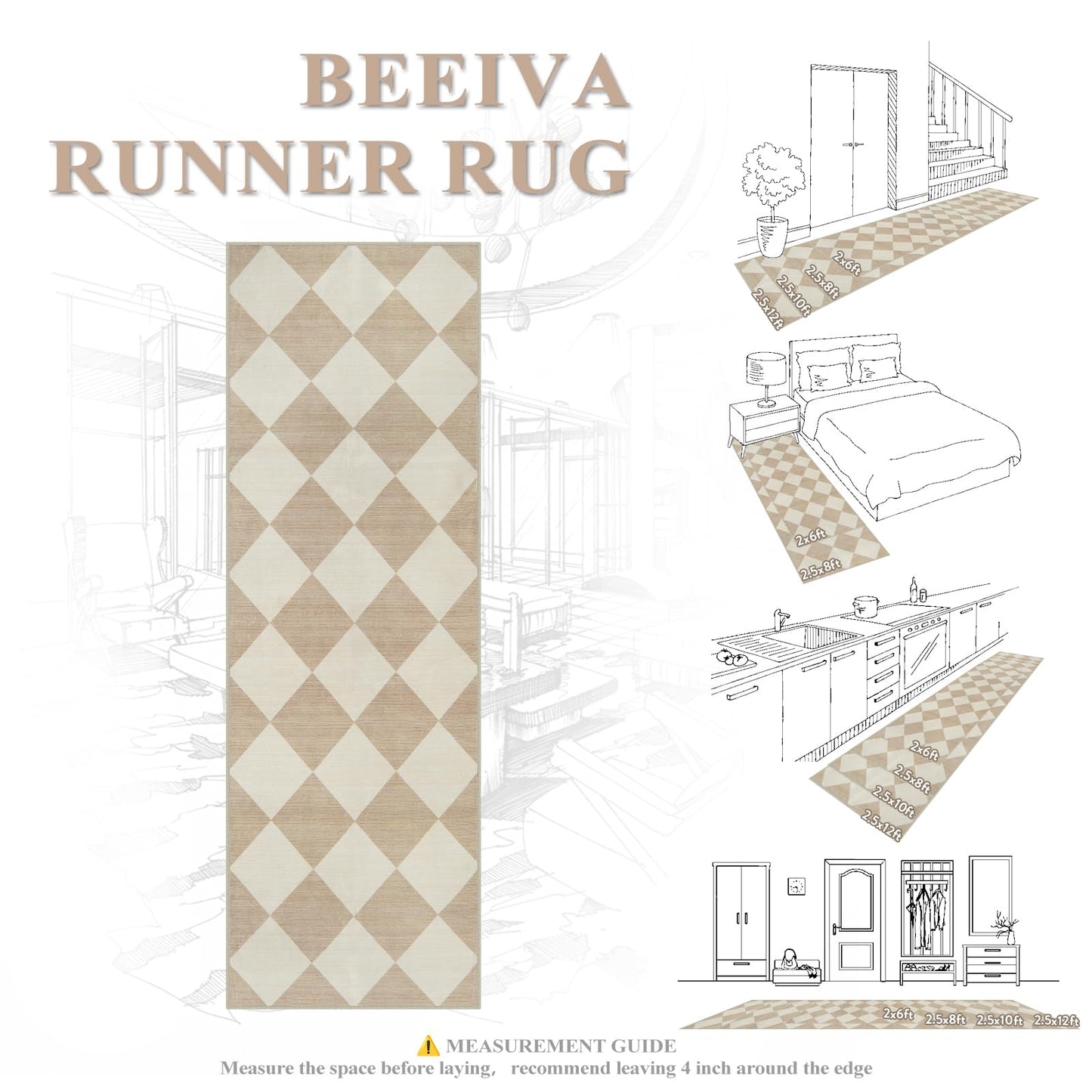 Beeiva Checkered Print Carpet Runners for Hallway 6ft, Beige Ultra Thin Washable Kitchen Runner Rug Non Slip, Moroccan Plaid Checkerboard Decor Faux Wool 2x6 Rug for Bedroom Bathroom Entryway