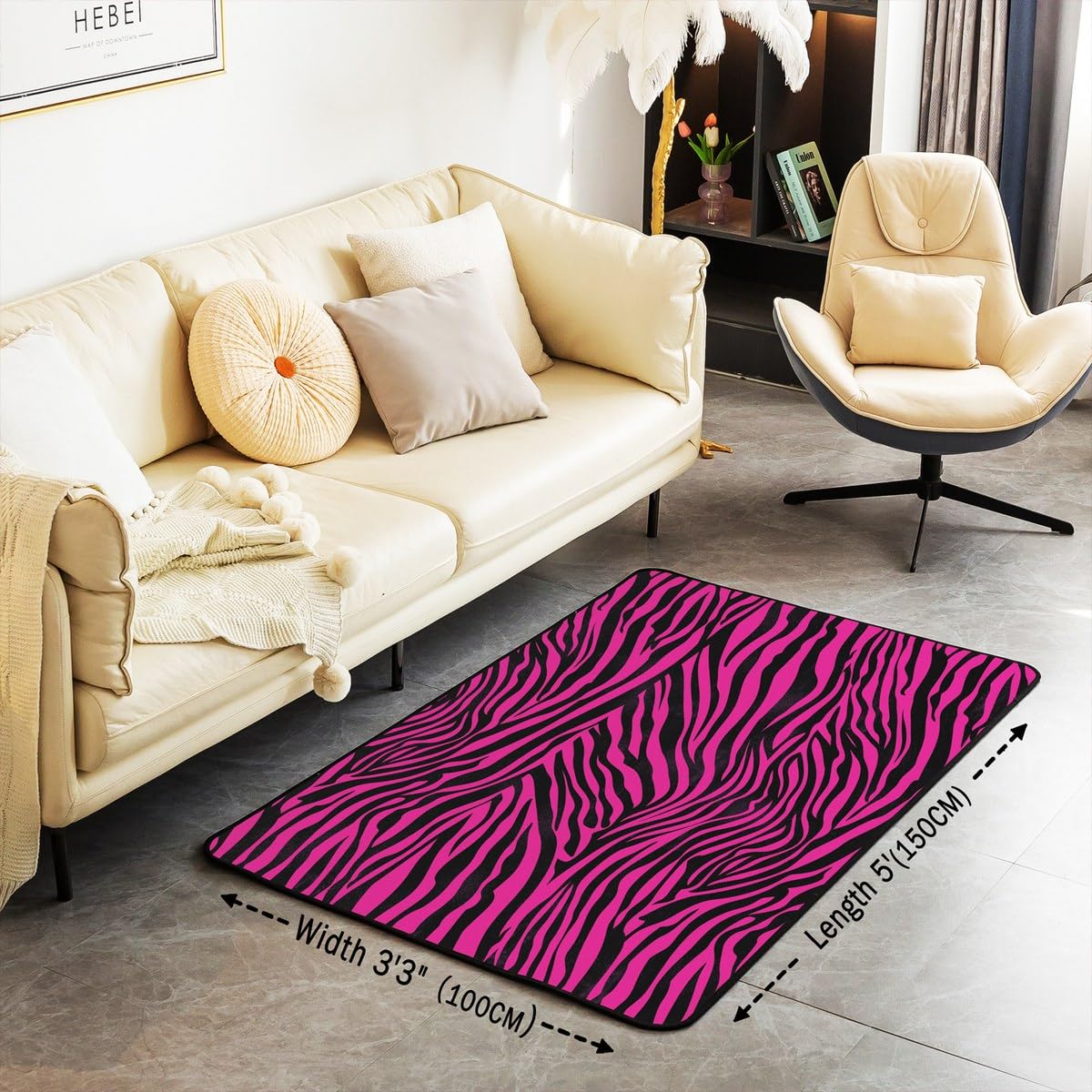 Feelyou Zebra Decorative Carpet Area Rug 3x5 Animal Print Living Room Rugs for Kids Boys Girls Decor Hot Pink Accent Rug Abstract Art Decorative Rug Stripes Doormats Floor Mat