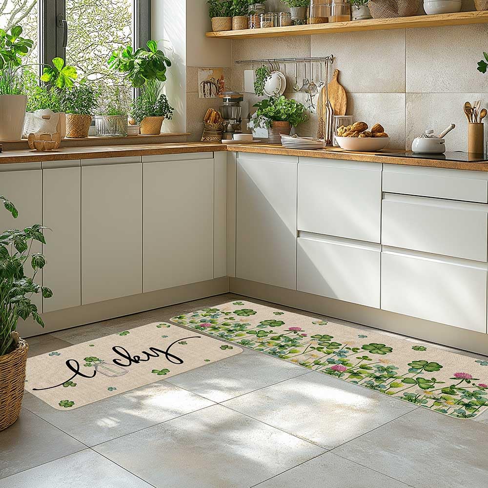 Printspree Lucky Clover Kitchen Rugs Set of 2, Shamrock and Floral Design for Kitchens, Doorways, and St. Patrick's Day Decor, Non-Slip Rubber Backing Floor Mats, 17x29 and 17x47 Inch