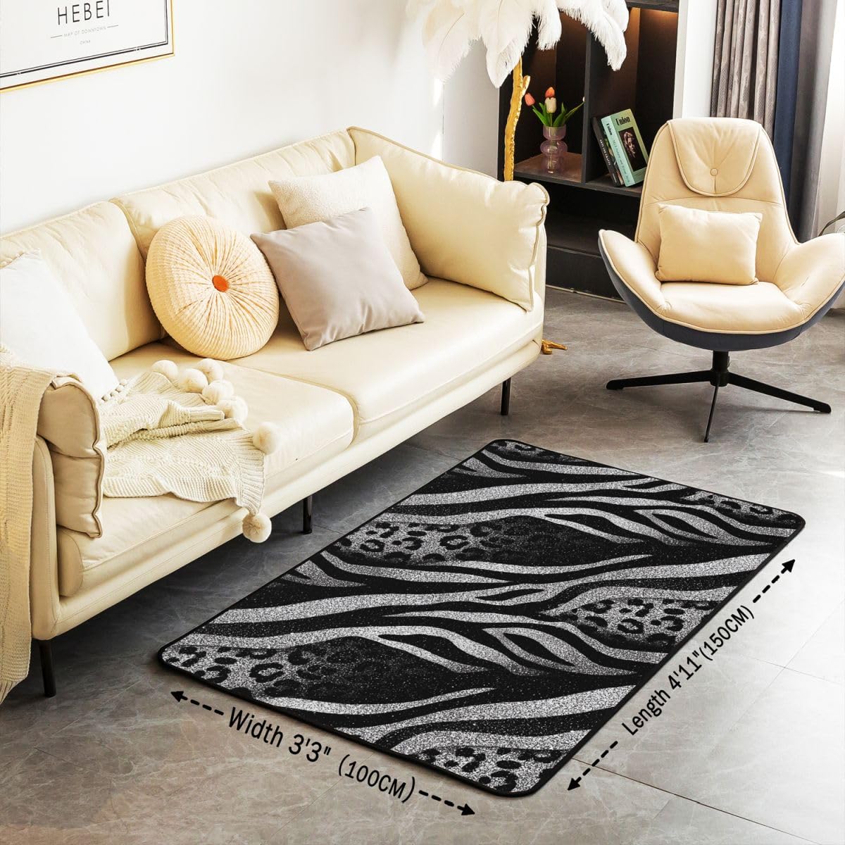 Leopard Print Large Area Rug 5x7 Cheetah Skin Living Room Rug | Zebra Pattern Silver Glitter Rugs for Bedroom, Patchwork African Safari Pattern Low Pile Carpet Indoor Floor Mat