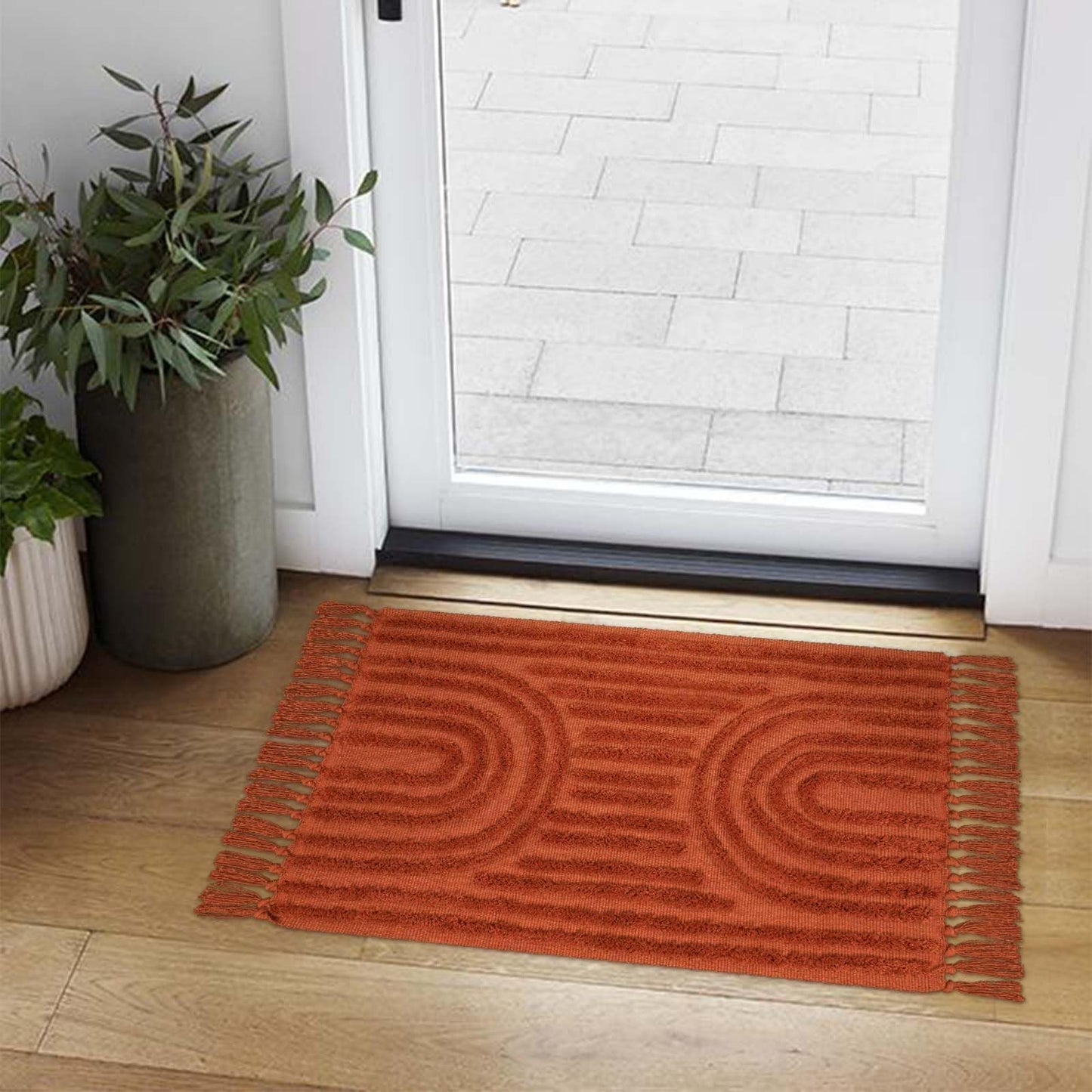 LEEVNA Washable Bathroom Rugs 2'x3', Hand-Woven Kitchen Rug with Tessal, Terracotta Bedroom Throw Rugs, Boho Tufted Rainbow Rug, Farmhouse Indoor Door Mat for Entryway/Porch/Back Door