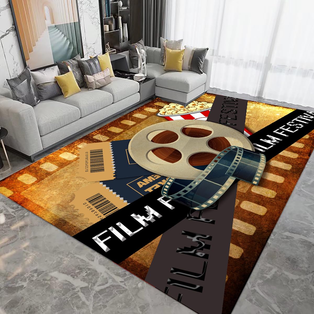 Film Festival Themed Rug, 6x8ft Soft Kids Bedroom Carpet, Non-Slip Easy Clean Rug, Film Reel Ticket Popcorn Carpet, Rustic Entrance Bathroom Mat, for Living Room Family Room Movie Area