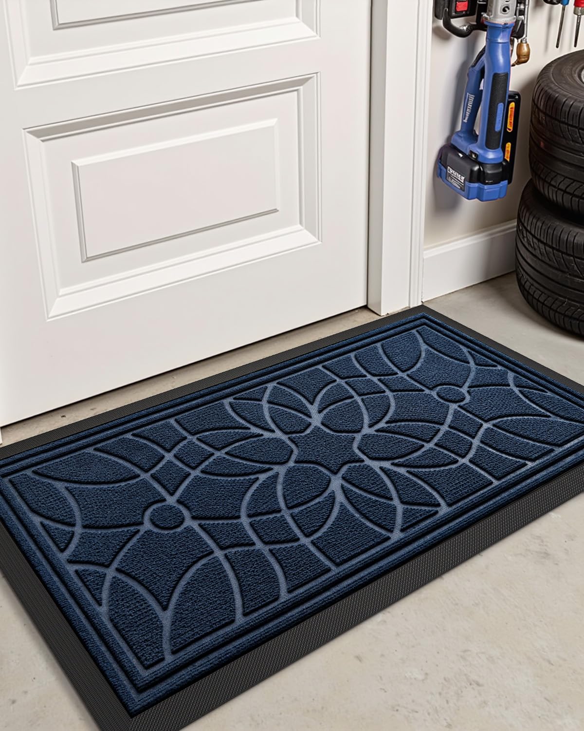 DEXI Front Door Mat Outside Entrance 24x47, Heavy Duty Non Slip Low Profile Doormat for Entryway, Trap Dirt and Moisture Welcome Mats, Easy Clean, Patio, Garage, Blue