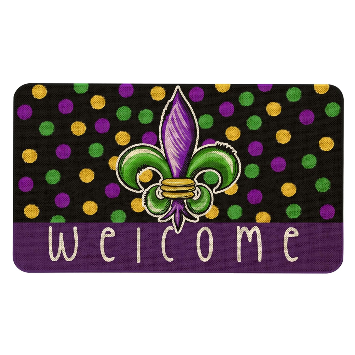 Kuyuayee Mardi Gras Welcome Door Mat 30x17 Inch Carnival Fleur De Lis Doormat Indoor Outdoor Entrance Floor Mats Non-Slip Washable Mardi Gras Decor Rugs