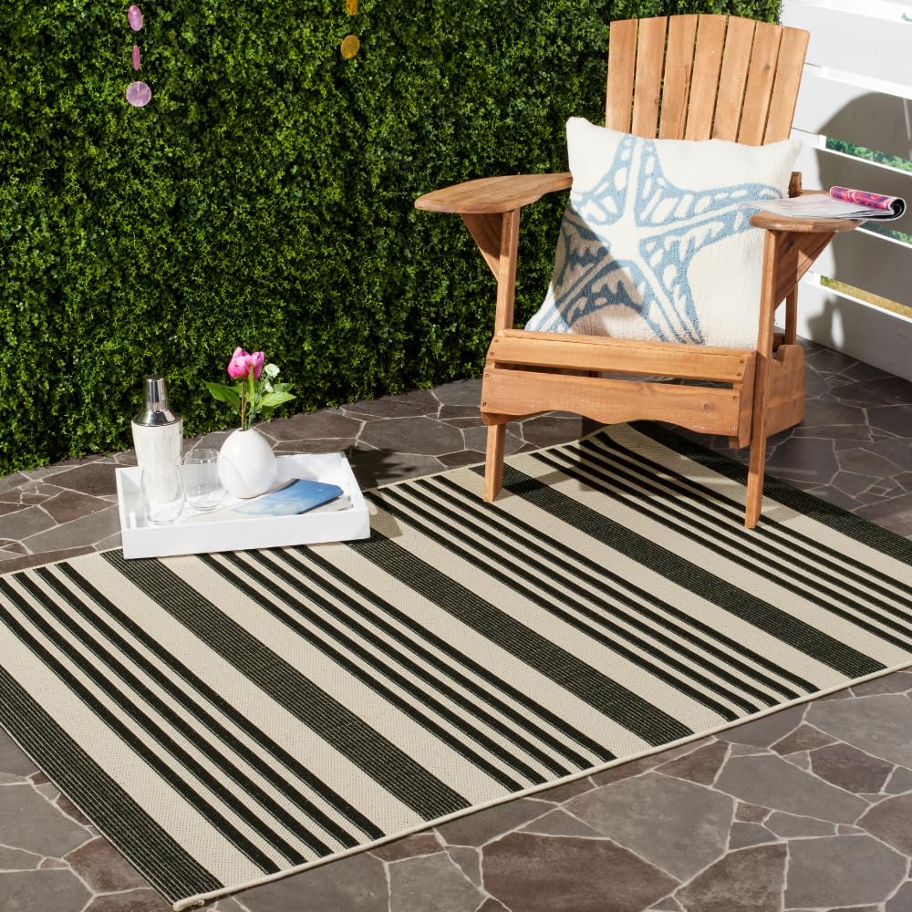 SAFAVIEH Washable Rug Outdoor Courtyard Collection - 4' x 5'7", Black & Bone, Non-Shedding & Easy Cleaning, Ideal for Patio, Backyard, Mudroom (CY6062-216)