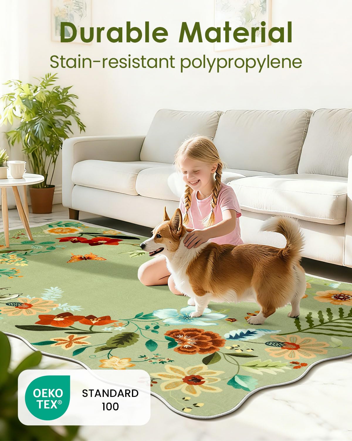 Asrug Scalloped Round Rug 3ft, 3’Green Round Area Floral Rug Low Pile Stain Resistant Non Slip Washable Circle Rugs for Living Kitchen Bedroom Nursery Entryway, Floral Soft Carpet