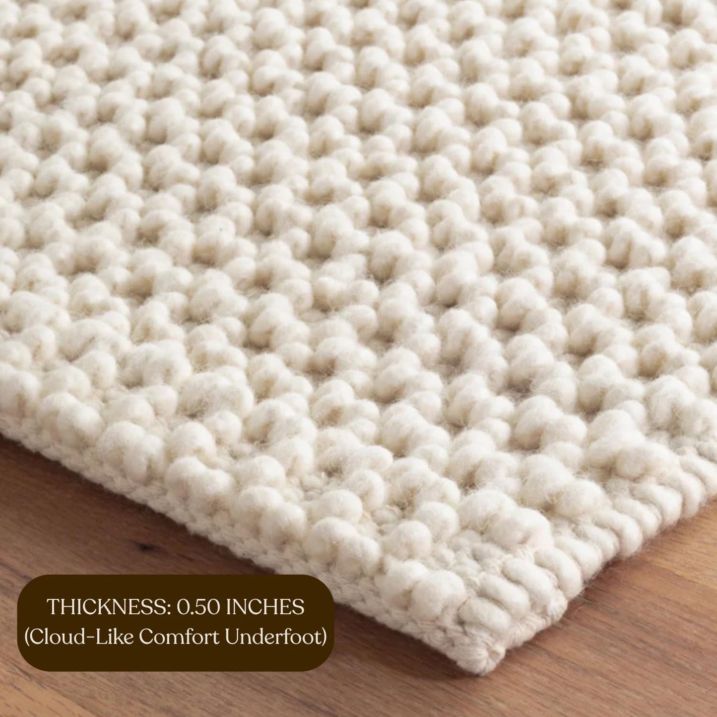 The Knitted Co. Wool Area Rug - Handmade Natural Wool Carpet Rug, Textured Design, Handwoven Ivory Rug - Suitable for Hallway, Bedroom, Dining Room (Ivory- 4'x6')