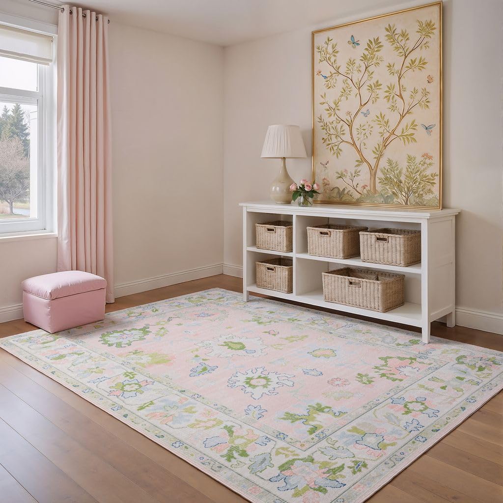 Oriental Weavers Addison ADD04 Machine Washable Flat Weave Printed Area Rug 5' x 7' in Pink/Green Traditional Style, Nursery, Kids Room, Bedroom, Entryway