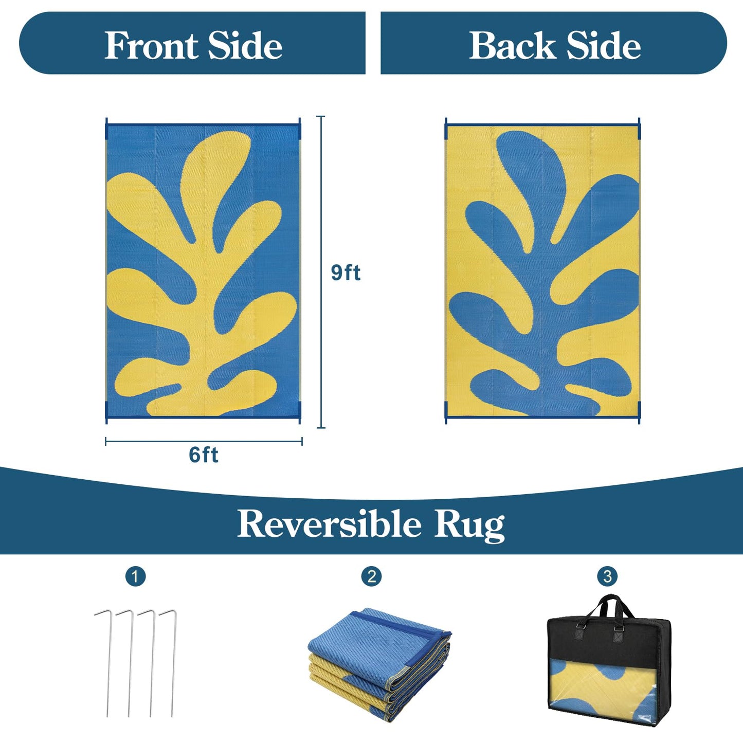 Wonnitar Abstract Outdoor Rug 6x9, Modern Coral Waterproof Reversible Plastic Straw Rug for Patio, Foldable Lightweight Outside Carpet for Deck, Balcony, RV, Beach, Blue/Yellow