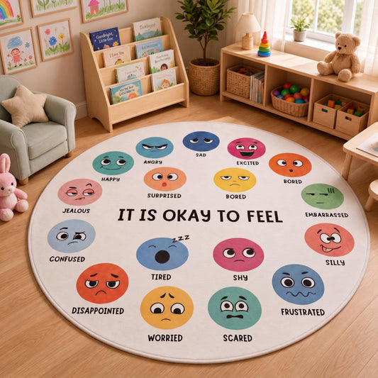 Breling 6 ft Round Calming Corner Rug for Classroom, Feelings Chart Emotion Mat, SEL Circle Time Rug for Kids, Soft Washable Non Slip Sensory Mat Reading Nook Preschool Homeschool Playroom