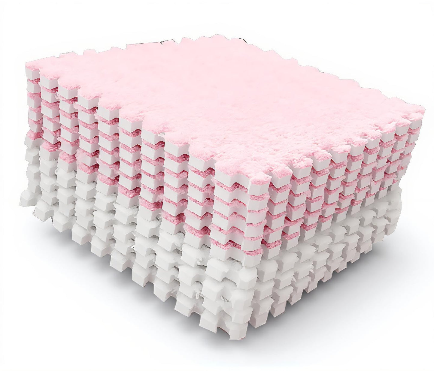 10pcs Plush Foam Floor Mat, Cuttable Play Mat Color Blocking Plush Puzzle Interlocking Square Carpet Tile Flooring Climbing Area Rugs for Home Playroom (Pink White)