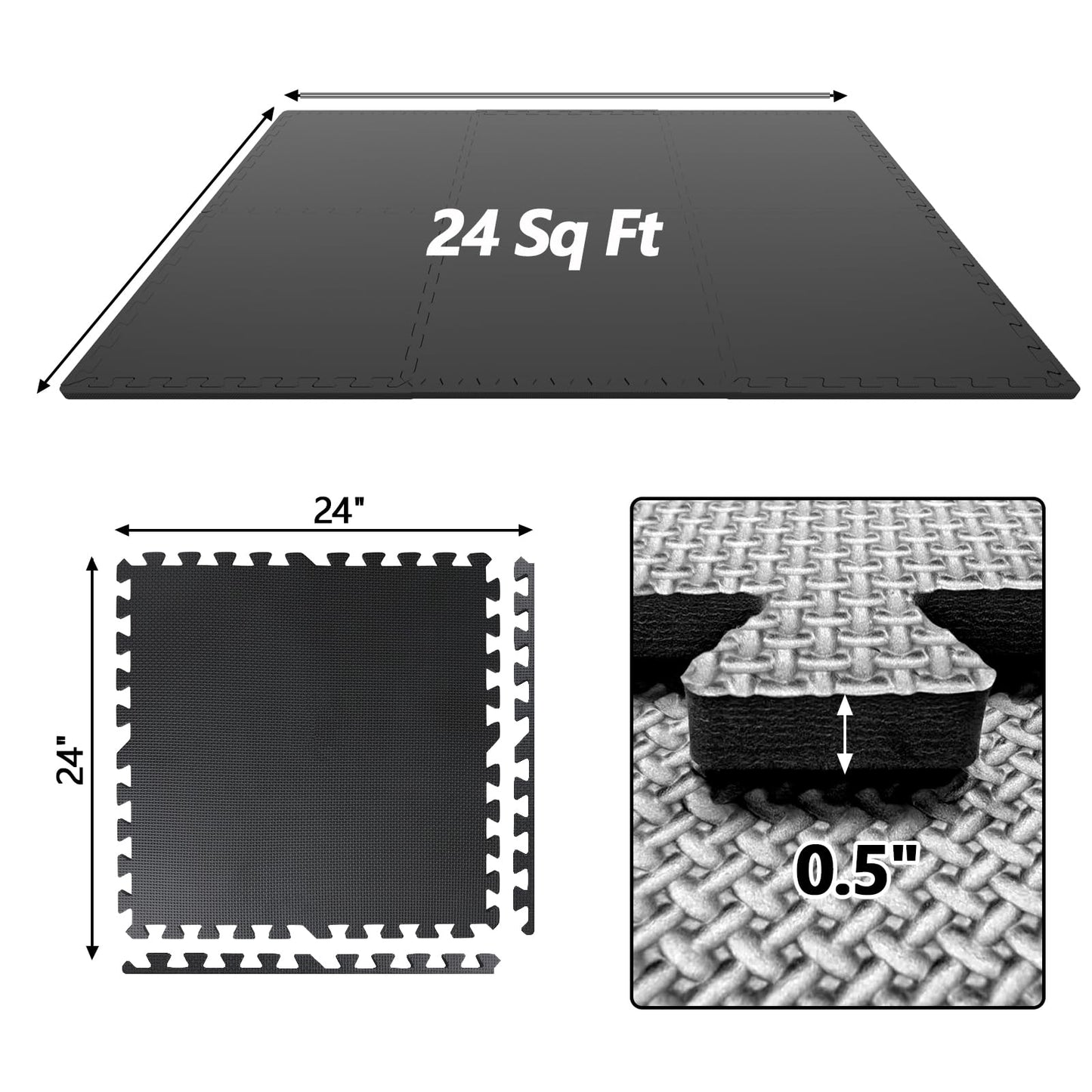 MAXTBEE 1/2 inch Thickened Interlocking Foam Floor Mats (24 Sq Ft), 6 Tiles 24X24in High Density EVA Foam Gym Flooring for Home Gym, Weightlifting, Kids Play Area, Non-slip, Free Splicing.