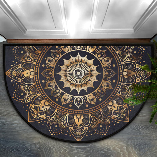 CuteDomi Half Round Door Mat Mandala Boho Bohemian Black Non Slip Washable Semi Circle Area Rug Absorbent Soft Half Moon Rug Floor Mat for Indoor Outdoor Kitchen Bathroom Patio Front Door Mat Decor