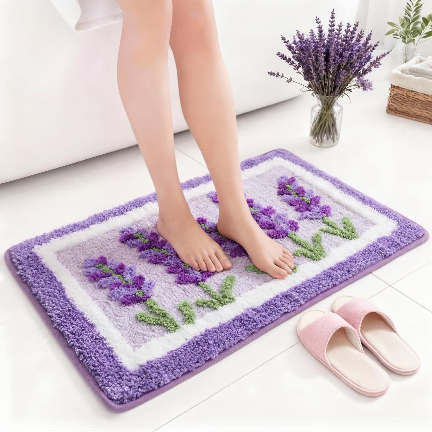 Boao Lavender Purple Bath Mat Floral Tufted Bathroom Rug Lilac Spring Flowers Non Slip Soft Absorbent Lavender Bathroom Decor Accessories for Bedroom Kitchen Floor Tub Shower Sink, 24 x 16 Inches