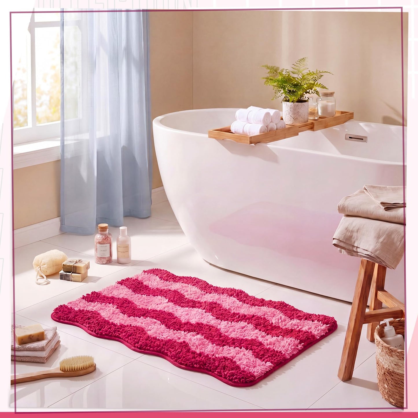 Nuanchu Cute Scalloped Bathroom Rug, Plush Tufted Absorbent Soft Wave Striped Bath Mat 24"x16", Non-Slip Washable Floor Carpet for Bathroom Bedroom Kitchen(Tomato & Pink)