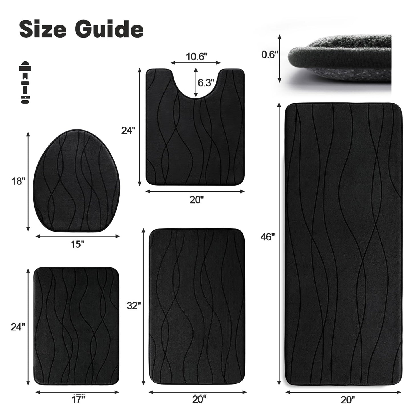 YIHOUSE Memory Foam Bathroom Rug Sets, Black, 5 Piece
