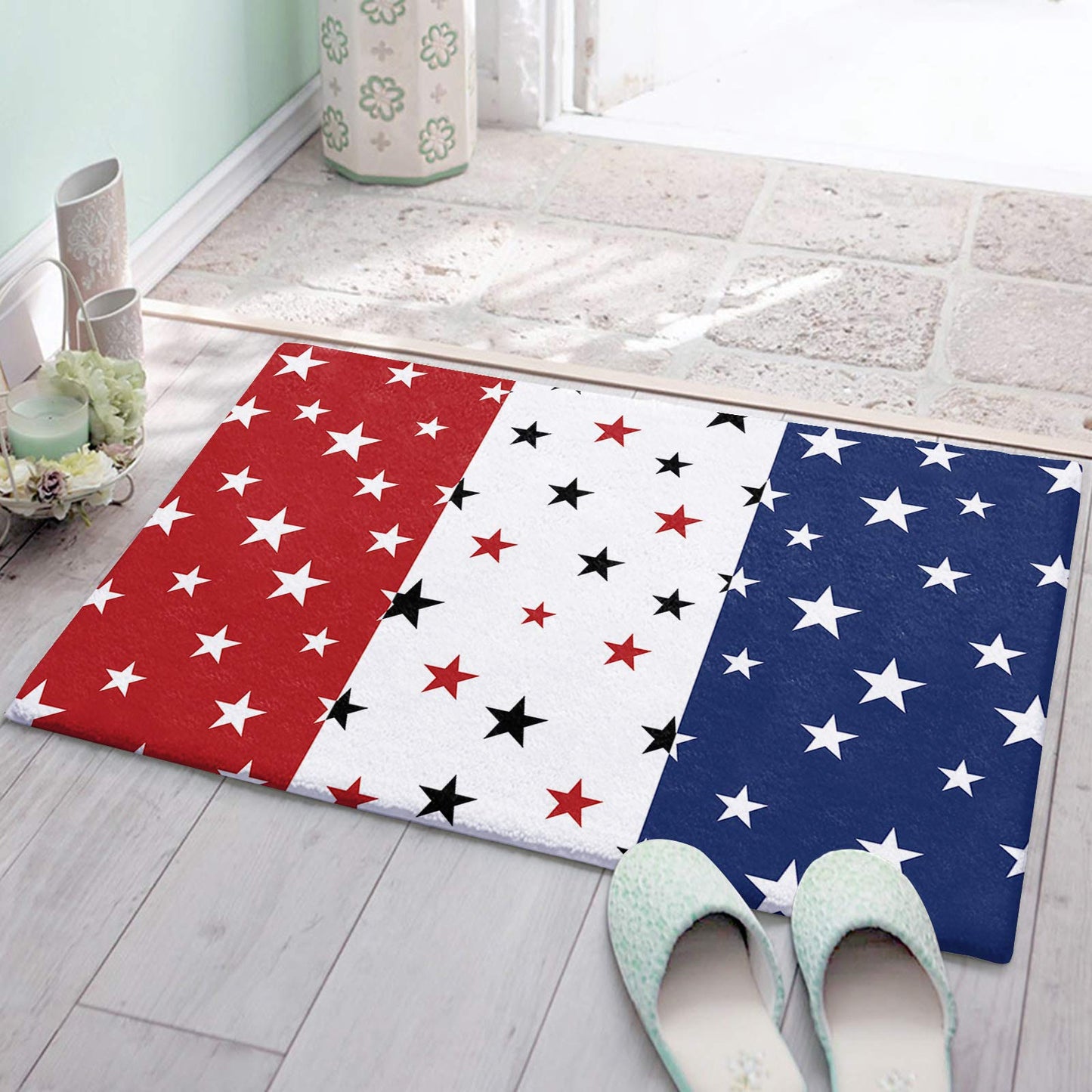 Floor Door Mats Shag Carpet 4th of July Stars Blue Red White Thin,Non Slip Super Soft Bath Rugs Patriotic Independence Day,Area Rug for Kitchen/Bathroom/Bedroom/Living Room Decor 20X32Inch