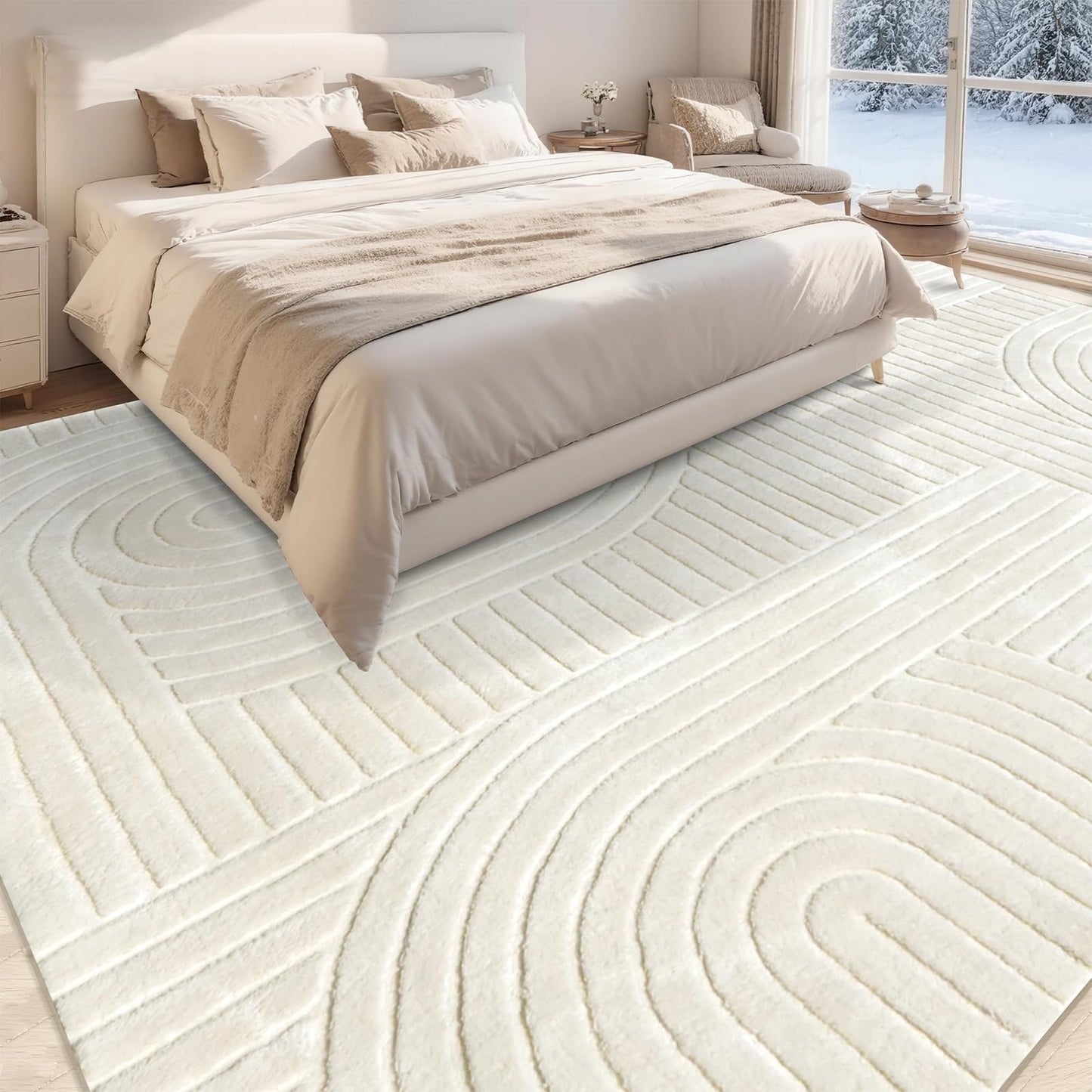 MATIIUI Beige Solid Area Rug 8x10 – Large Washable Soft Indoor Rugs for Living Room Bedroom, Modern Geometric Bohemian Pattern High-Low Pile Textured Carpet for House Apartment, Home Office Decor