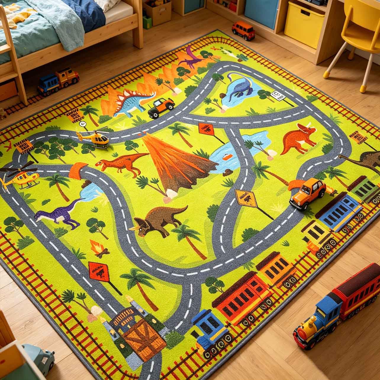 LIVEBOX Kids Dinosaur Car Rug Play Mat, Washable Playroom Rug with Roads for Toy Cars, Non Slip Safari Dino Park Adventure Carpet for Boys Bedroom（ 5.3x6.6 ft ）