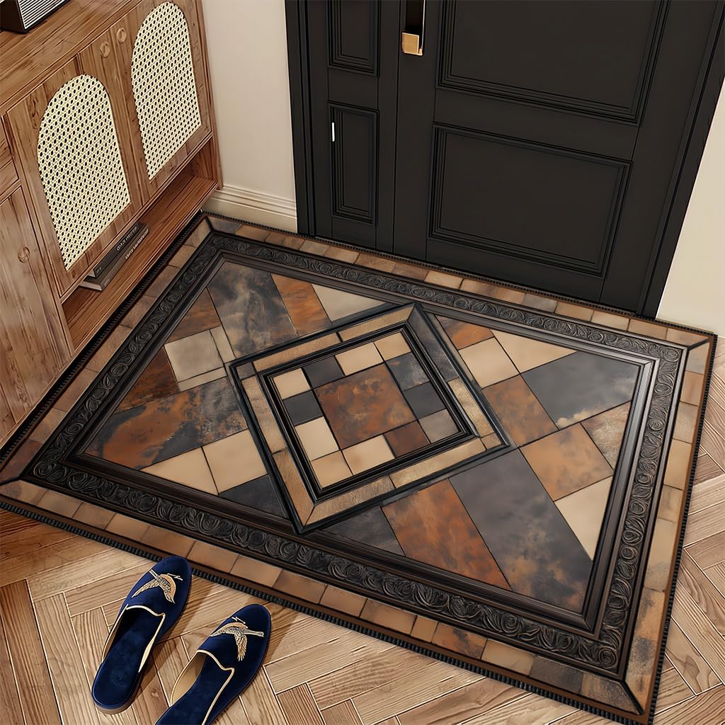 Vintage Geometric Faux Cashmere Non-Slip Rug, 15.7 x 23.6 Inches, Brown Patchwork Accent Mat for Entryway, Bedroom, Bedside, Kitchen and Bathroom Dry Area (Brown)