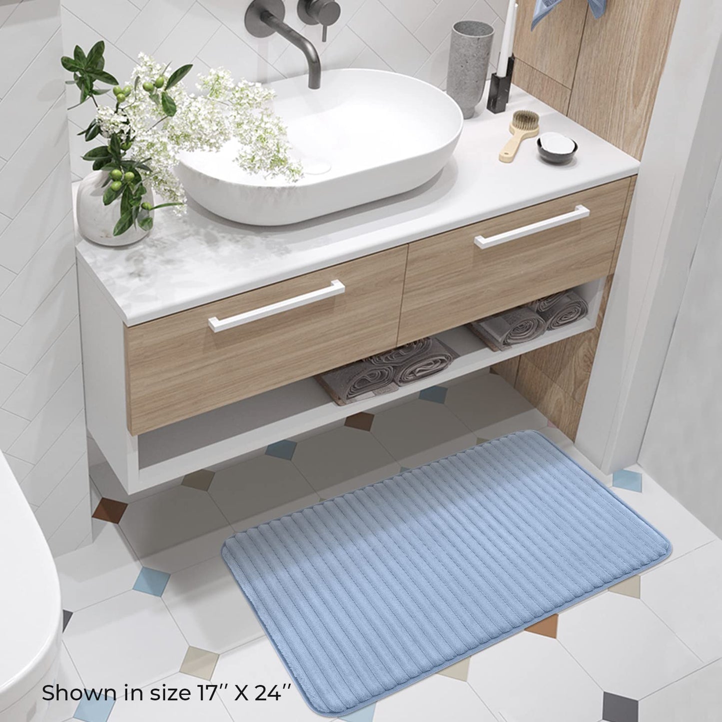 FRESHMINT Ultra Soft Charcoal Infused Memory Foam Bath Mat 17" x 24", Bath Rugs for Bathroom Non-Slip, Thick & Water Absorbent Bathroom Rugs, Room Accessories Shower Floor Mat, Washable, Blue Linen