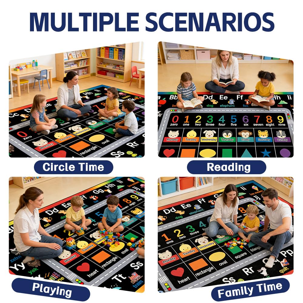 AlaTyche Classroom Rugs for Preschool, Daycare Rug for Classroom,Large Classroom Rug Elementary,Learning Alphabet Educational Rugs for Kids Playroom, Nursery(6'7''x8'7'', Black)