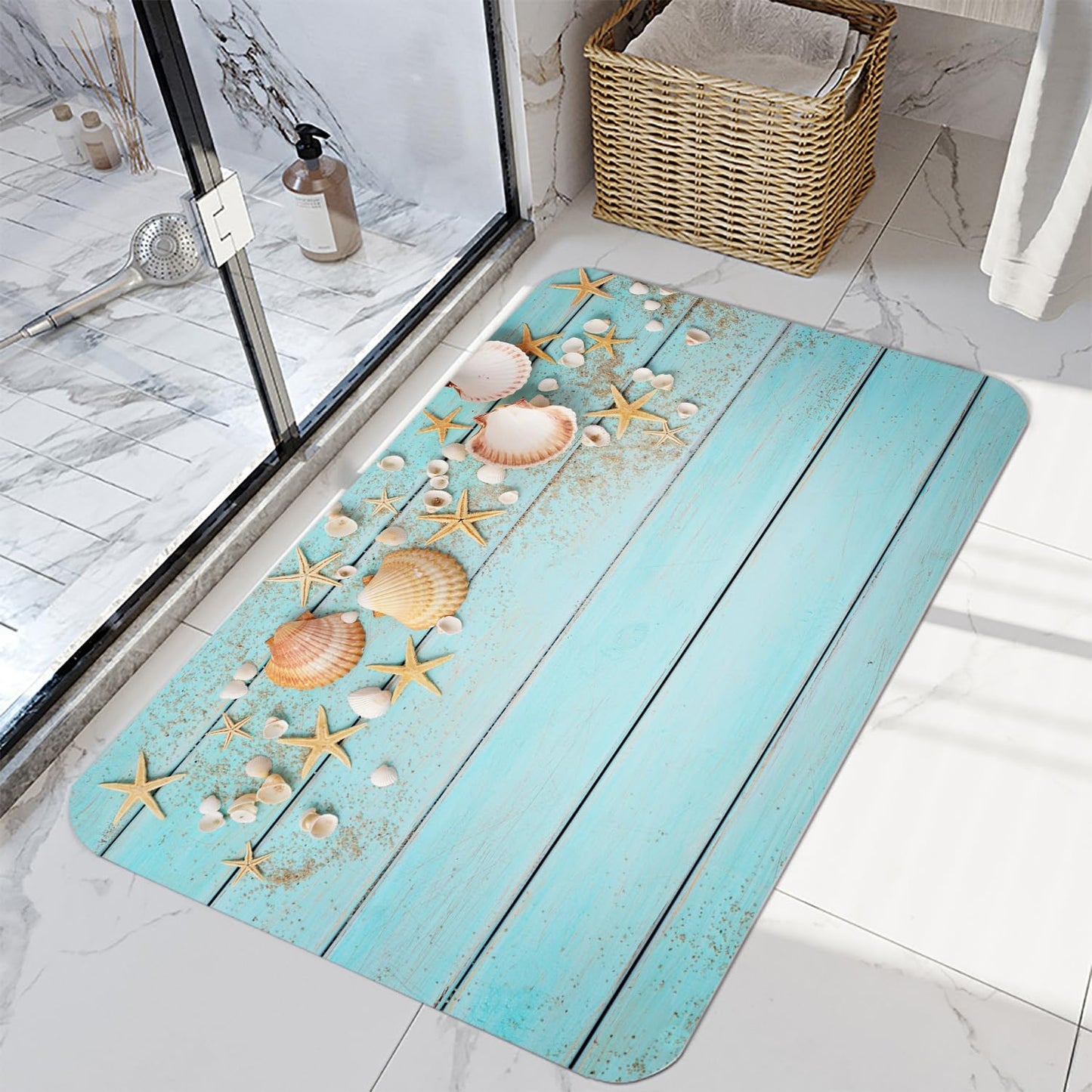 LYFANS Memory Foam Bath Mat, Non Slip Absorbent Flannel Bathroom Rug, 18" x 30", Soft Washable Shower Floor Mat with Coastal Seashell, Decorative Bath Rugs for Bathroom, Kitchen, Entryway, Bedroom