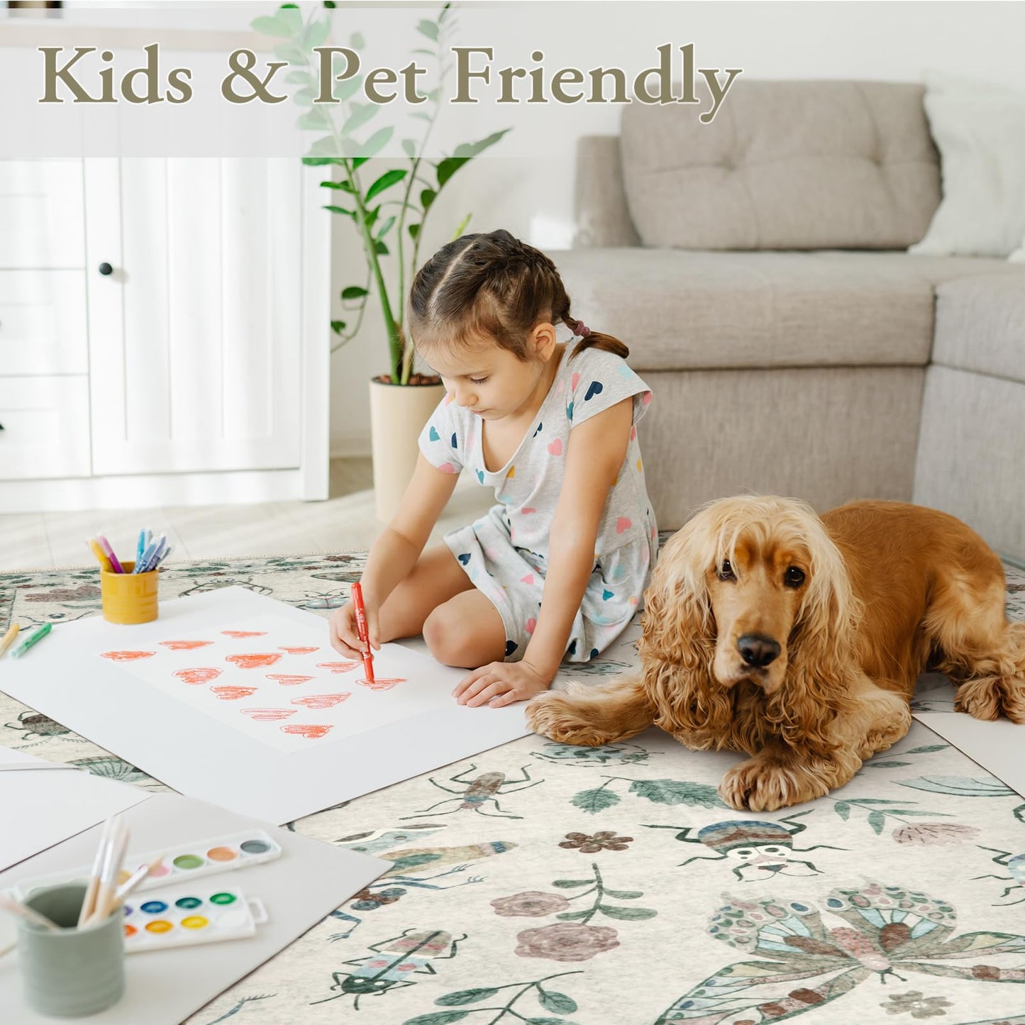 Lahome Insect Print Washable Area Rugs 5x7, Soft Rugs for Living Room Ultra-Thin Non-Shedding Modern Bedroom Rug, Throw Rug Large Carpet for Dining Room Nursery Vionnet(5'x7',Beige)