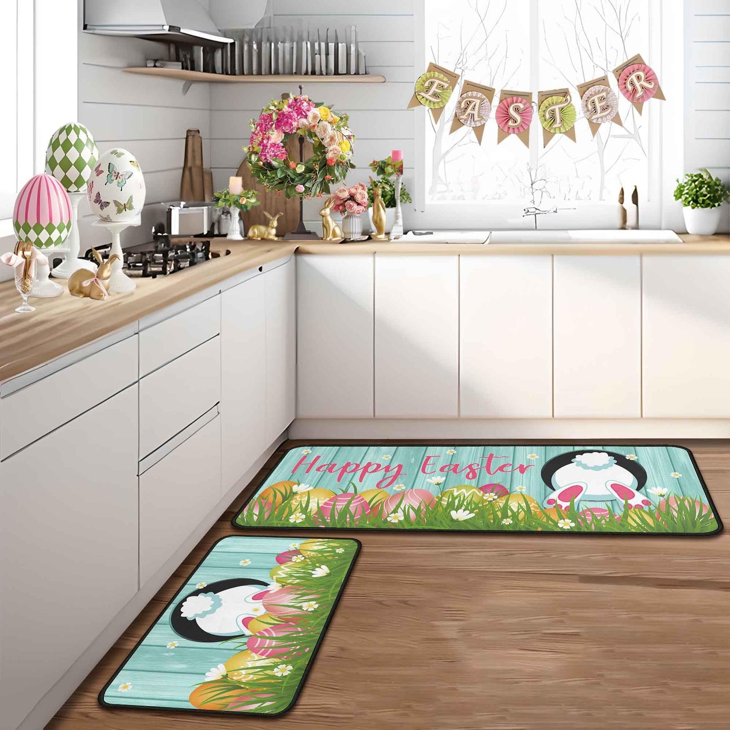 Putware Easter Kitchen Rugs and Mats Set of 2, Easter Decorations for Home Non Slip Backing Happy Easter Kitchen Rug Seasonal Low-Profile Kitchen Floor Mat Easter Decor 17"X47"+17"X30"