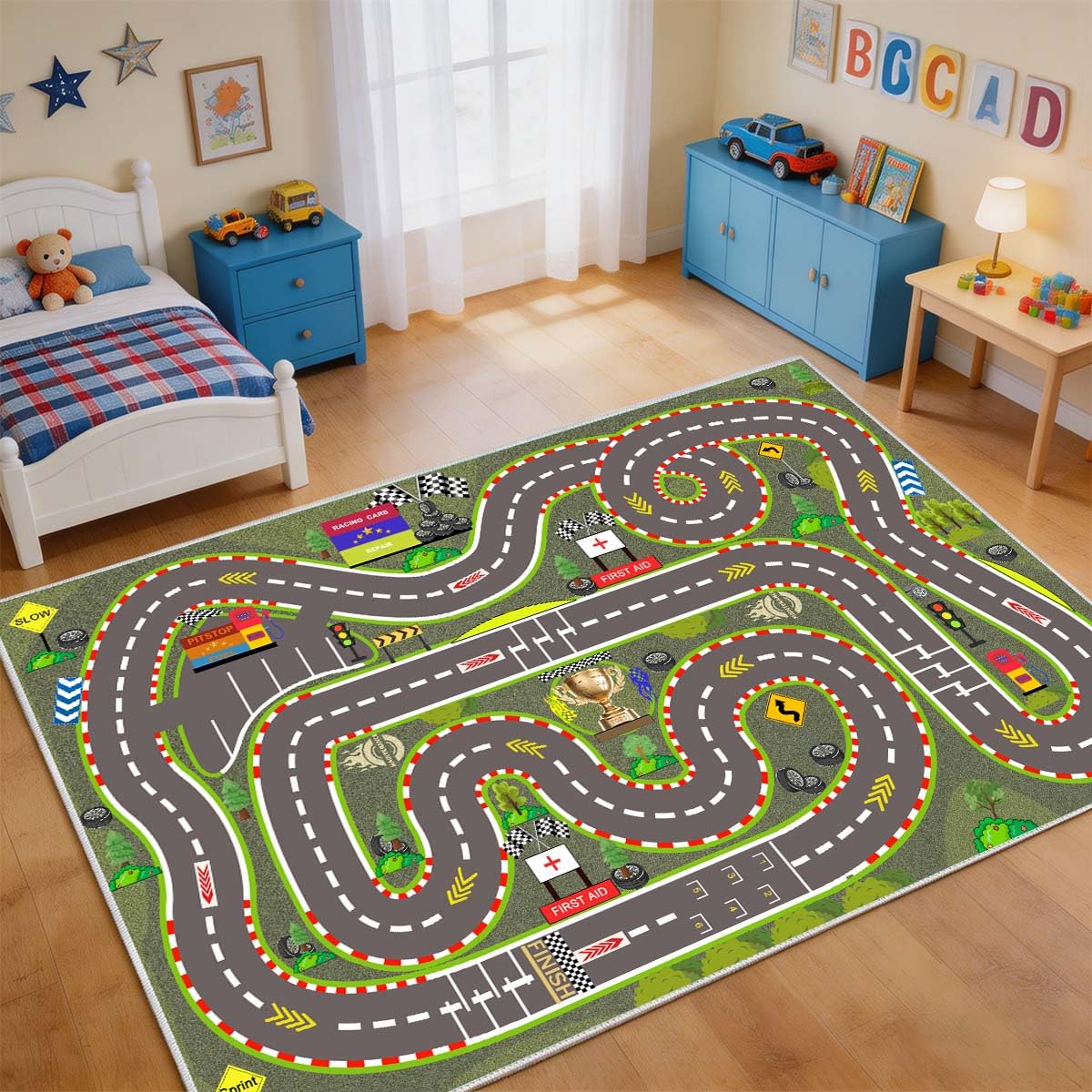 Pyrrhite Kids Rug, Race Track Playmat Rugs 47×31 in Kids Carpet with Rubber Backing, Start and Finish line Racing Track Marking Car Road Race 3D Play Mat Nursery Rugs for Children Bedroom Playroom